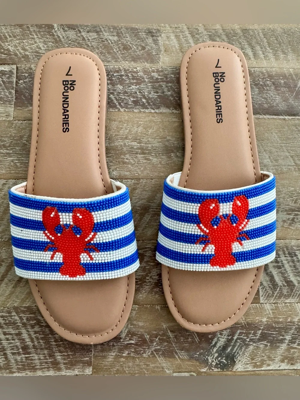 No Boundaries Kids' Blue, White & Red Lobster Beaded Slide Sandals